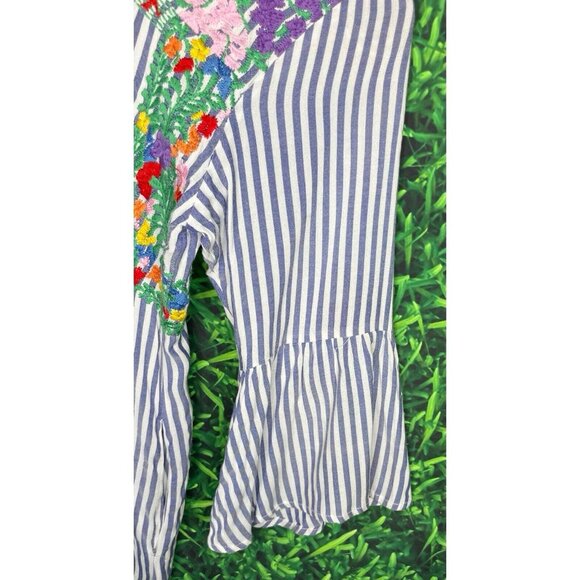 J. Marie Blue Striped Floral Embroidered Ana Maria Dress Bell Sleeve Women Small - Picture 2 of 5